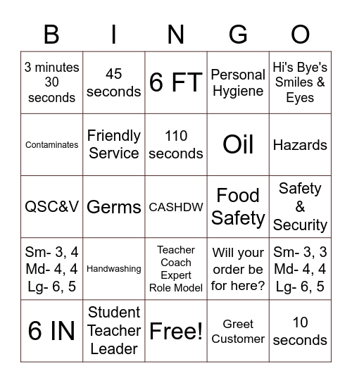 Service Bingo Card