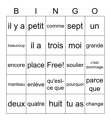 More French Vocabulary Bingo Card