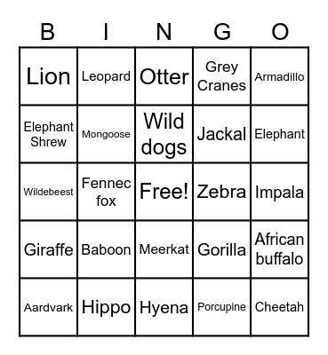 African Wildlife Bingo Card