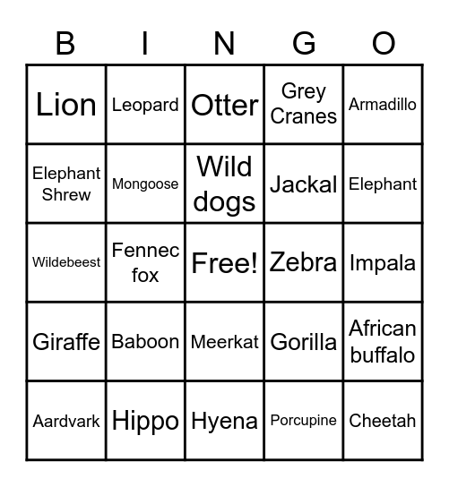 African Wildlife Bingo Card