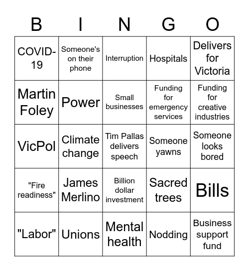VICTORIAN STATE BUDGET BINGO Card