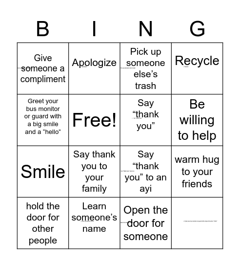 Kindness Bingo Card