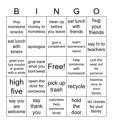 Random Acts of Kindness Bingo Card