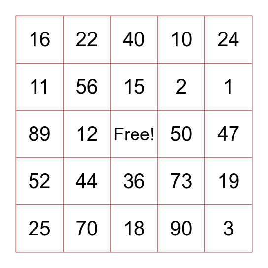 Place Value bingo Card