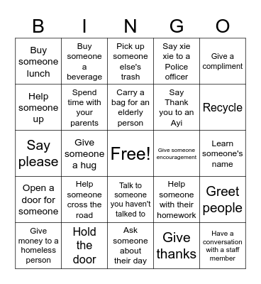 Random Acts of Kindness Bingo Card