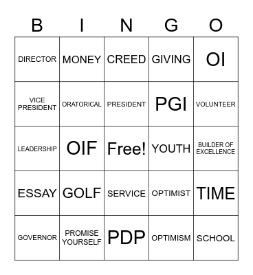 OPTIMIST CLUB OF BARBICAN PINES Bingo Card