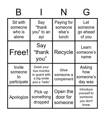 Acts of Kindness Bingo Card