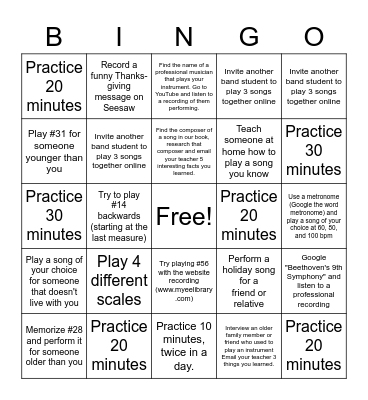 Thanksgiving Break Band Bingo Card