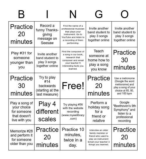 Thanksgiving Break Band Bingo Card