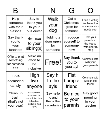 Random acts of kindness Bingo Card