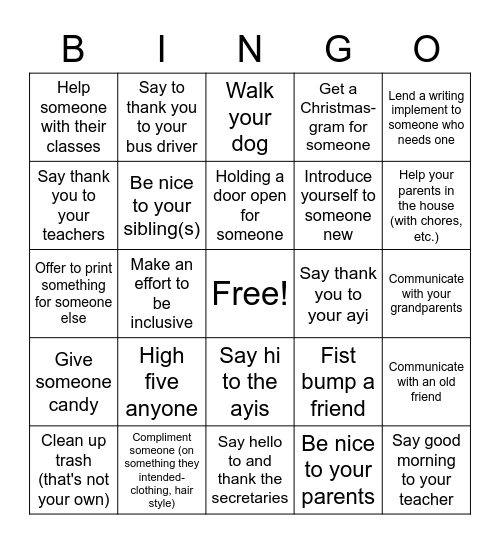 Random acts of kindness Bingo Card