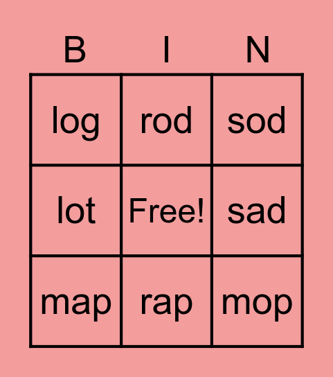 Short Vowel Bingo Card