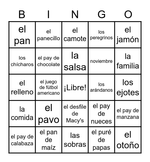 El Día de Acción de las Gracias Bingo Card