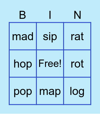 Short Vowel Bingo Card
