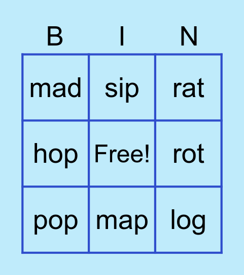 Short Vowel Bingo Card