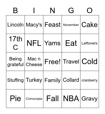 THANKSGIVING Bingo Card