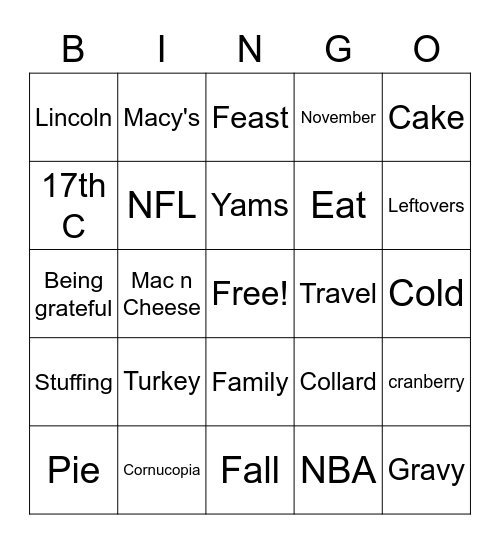 THANKSGIVING Bingo Card