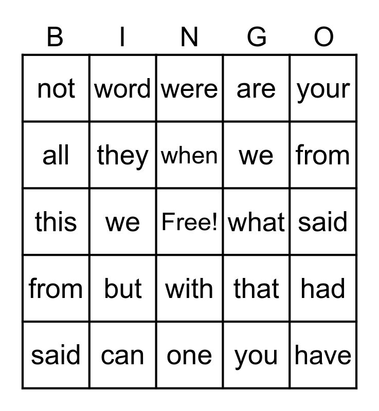 This Weeks Spelling Words Bingo Card