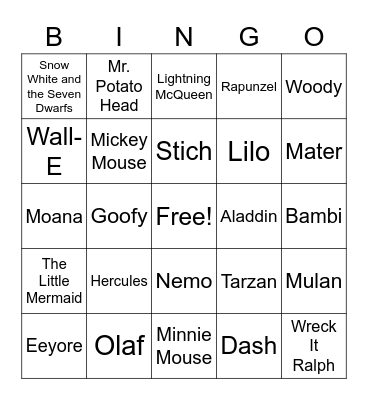 Disney Characters Bingo Card