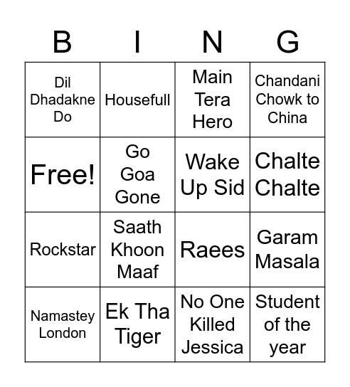 Bollywood - Level 3 Bingo Card