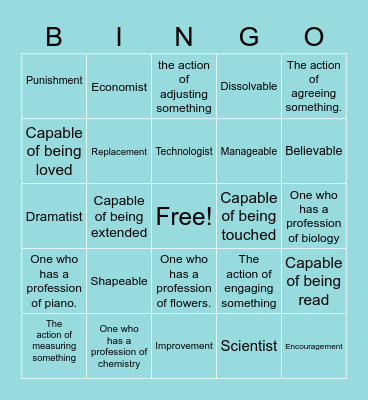 Suffixes Bingo Card