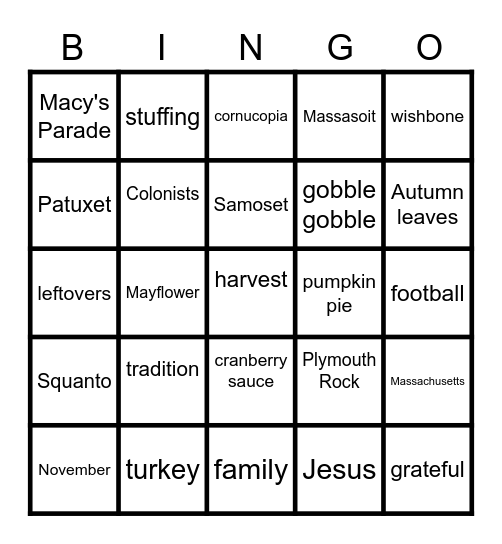 Thanksgiving Bingo Card
