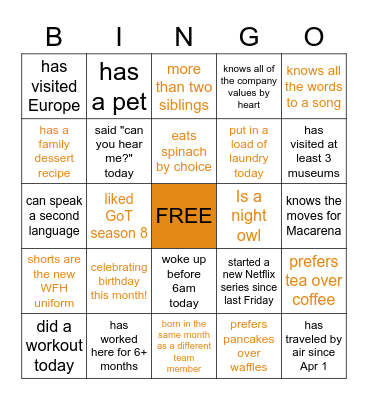 Thanksgiving Team Event Bingo Card