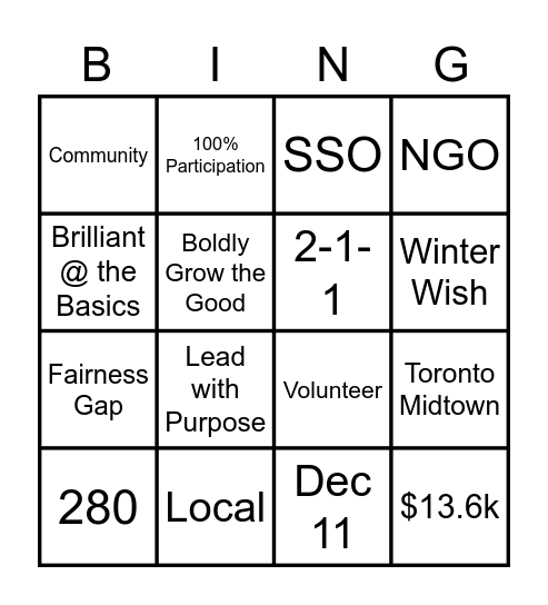 2020 Employee Giving Bingo Card