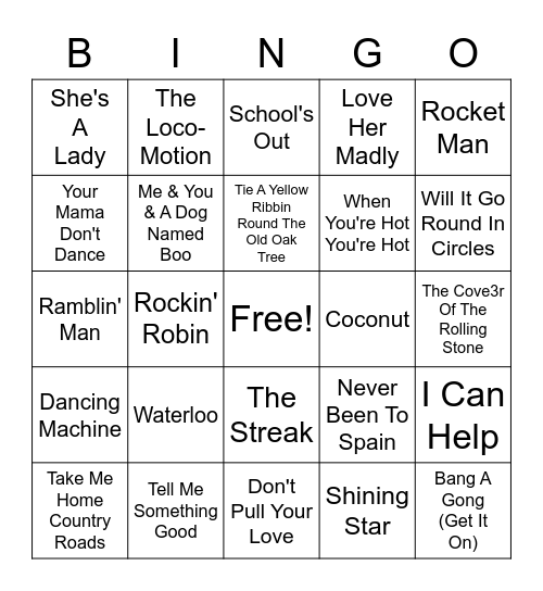 70S Hits Bingo Card