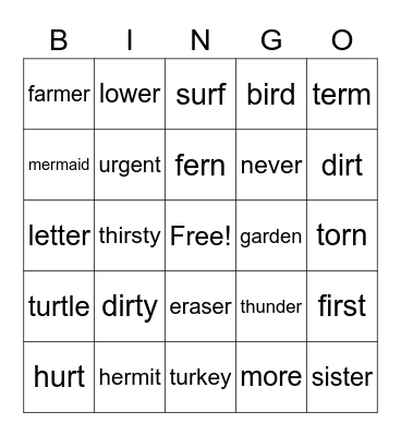 UR, ER, IR words Bingo Card