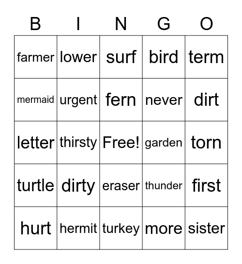 UR, ER, IR words Bingo Card