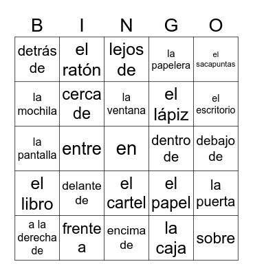 PREPOSICIONES DE LUGAR Y ORIENTACION Bingo Card