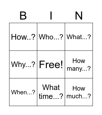 Question words Bingo Card