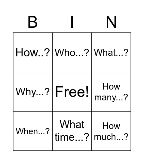 Question words Bingo Card