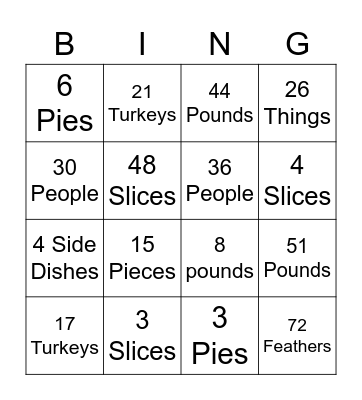 Thanksgiving Math Bingo Card