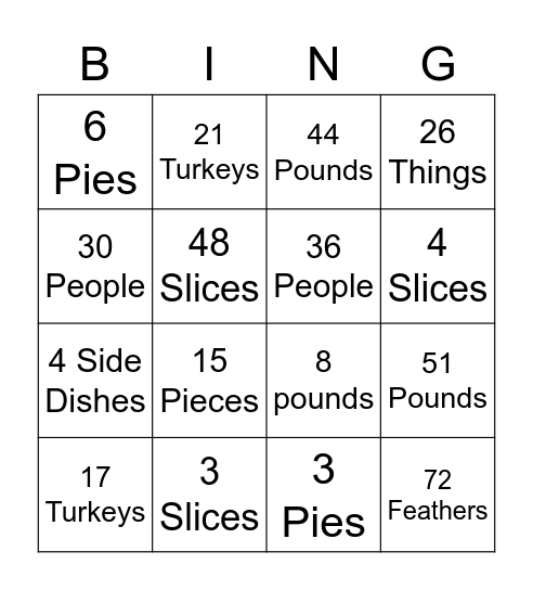 Thanksgiving Math Bingo Card