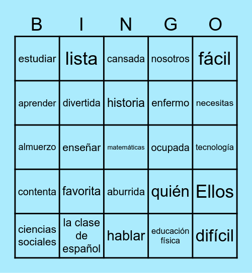 Español 1, Unidad 7 - Bingo Card