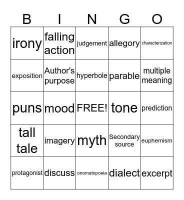 Literary Terms Bingo Card