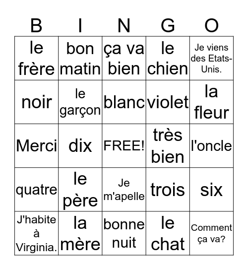 Vocabulaire Français Bingo Card