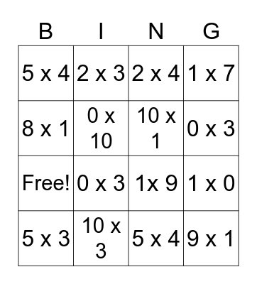 Multiplication Bingo Card