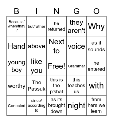 Rashi Bingo Card