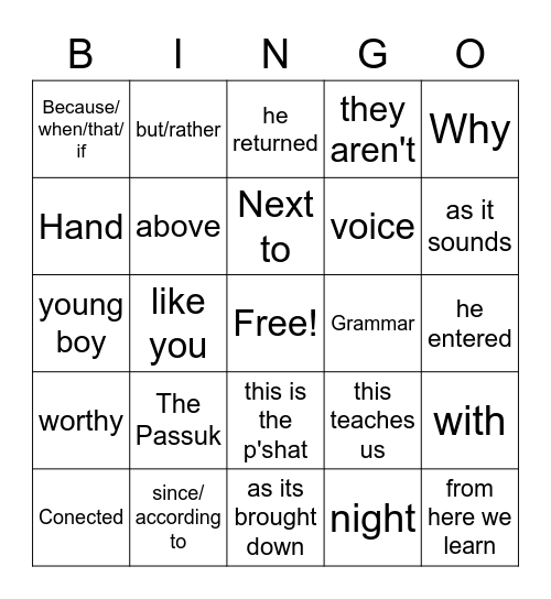 Rashi Bingo Card