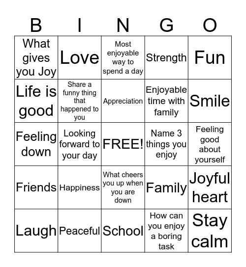 Joyfulness Bingo Card