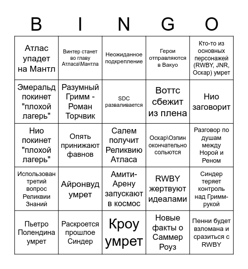 RWBY Volume 8 Bingo Card