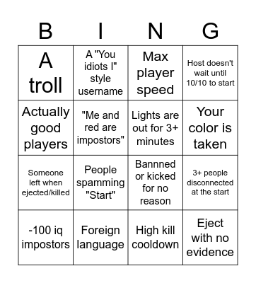 Among Us Public Lobby Bingo Card