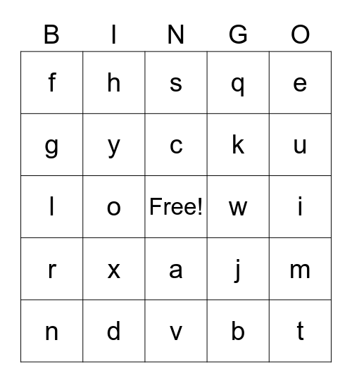 Lowercase Letters Bingo Card