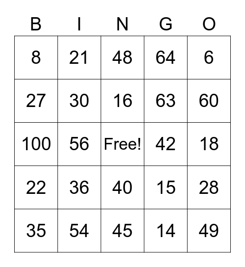 Multiples Bingo Card