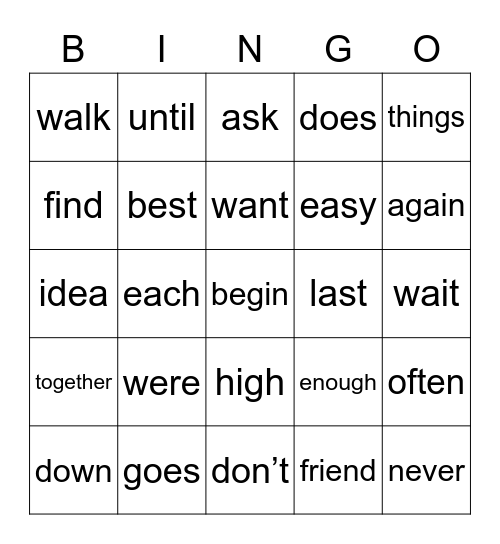 Robin’s Sight Word Bingo (lists E/F/G) Bingo Card