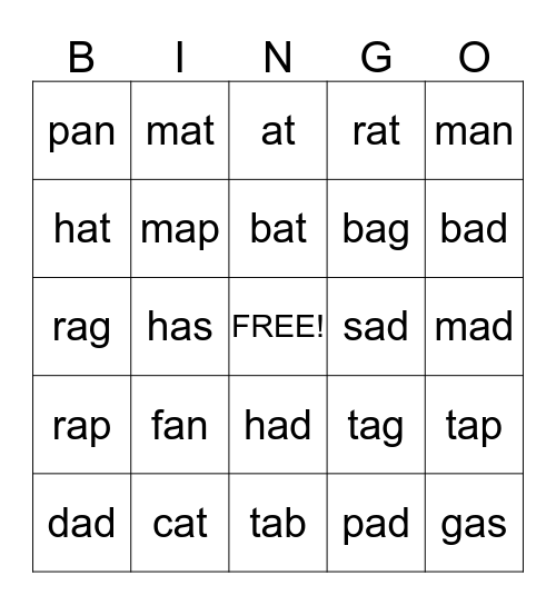 Short a Bingo Card