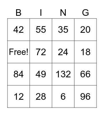 Multiplication Bingo Card